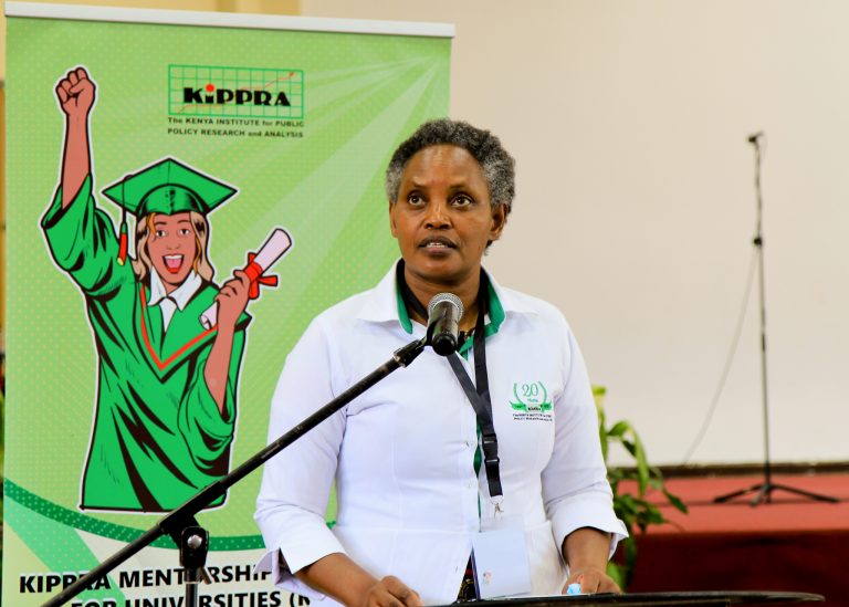 KIPPRA Executive Director Dr Rose Ngugi addresses participants at the KMPUs event
