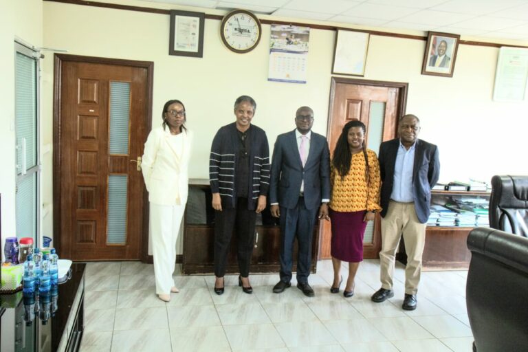 KIPPRA Executive Director Dr Rose Ngugi(left) and  ACBF's Nairobi office head and the head of Economics and Social Governance Programme, Mr Rodolpher Bance pose for a group phot along with other ACBF representatives during the courtesy call