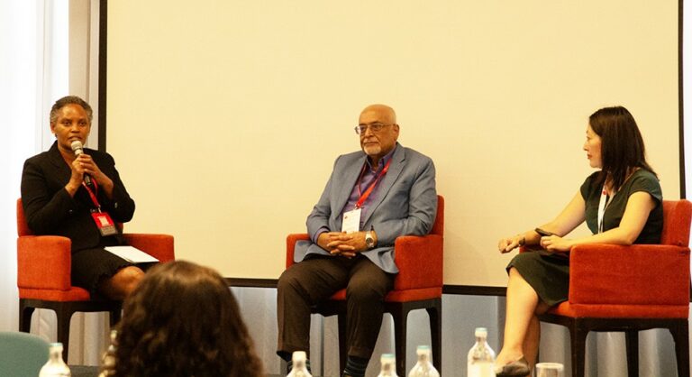 KIPPRA Executive Director and Chair of the Southern Voice Dr Rose Ngugi (left) with the Founding Chair Dr Debapriya Bhattacharya (center) and the Executive Director Ms Andrea Llanos (right) participating in a panel discussion on the network's impact in global development during the Conference