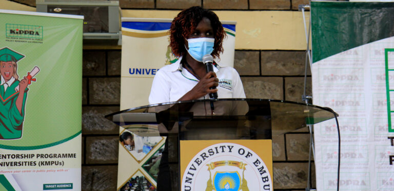 Dr Nancy Nafula makes her opening remarks at the KIPPRA Mentorship Programme for Universities (KMPUs) event at University of Embu.