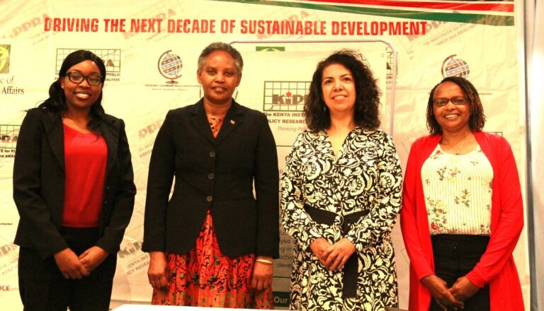 KIPPRA Executive Director Dr Rose Ngugi (left) and IPEA President Dr Luciana Mendes Santos Servo (right) posing for a group photo along with KIPPRA’s Senior Legal Officer Ms Jane Mugambi (second left) and Senior Policy Analyst Dr Irene Nyamu (second right).