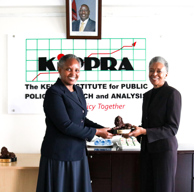 US Trade Rep for Africa Constance Hamilton (right) poses for a photo with KIPPRA Executive Director Dr Rose Ngugi (left) during the courtesy call