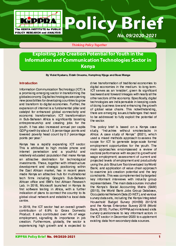 Exploiting Job Creation Potential for Youth in the Information and Communication Technologies Sector in  Kenya-PB09-2020-2021.pdf
